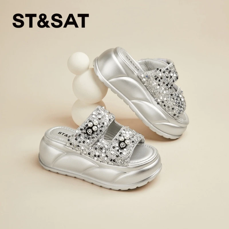 星期六亮片珍珠一字拖女士夏新款外穿小众拖鞋小个子厚底增高凉拖