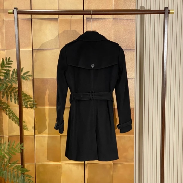 99新 BURBERRY/博柏利 黑色双排扣系腰带羊毛呢大衣/36码//26024