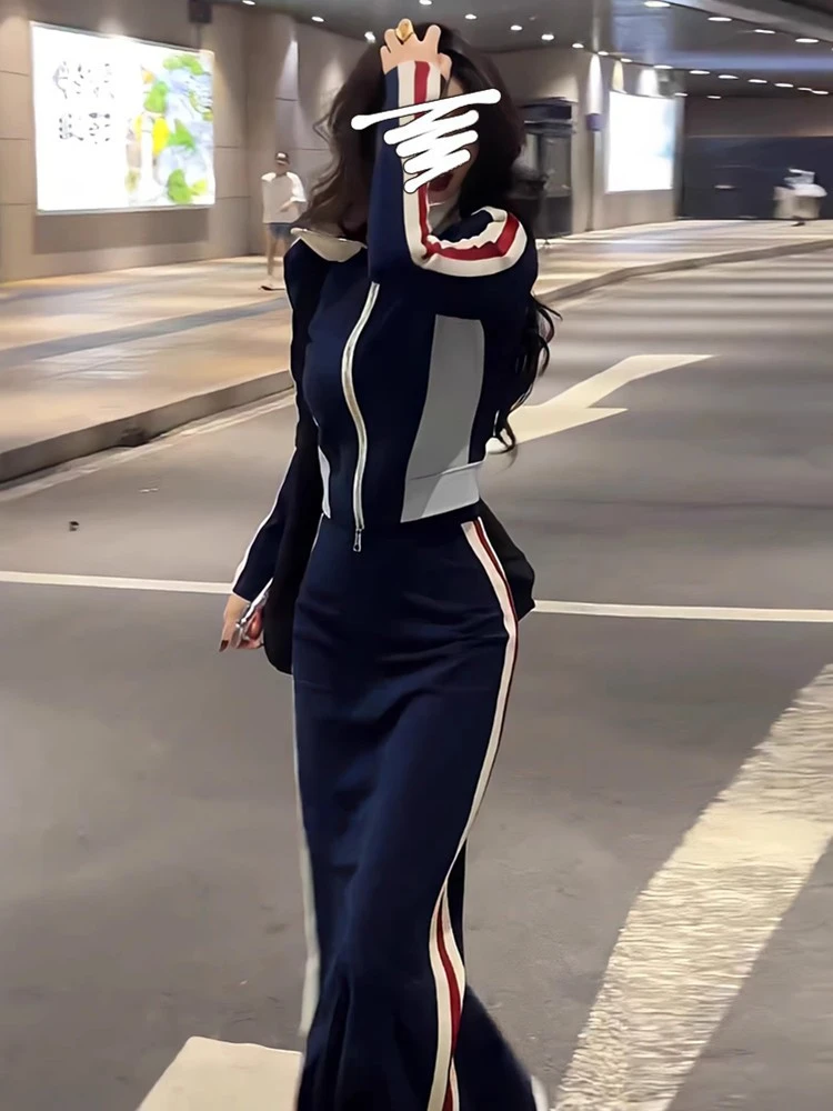 欧货时尚套装裙女2025年春秋休闲运动风立领外套开叉半身裙两件套