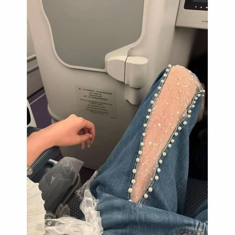 婉君Y【珍珠裤】春夏新款百搭设计感开叉珍珠牛仔裤LWJ25B2K1747