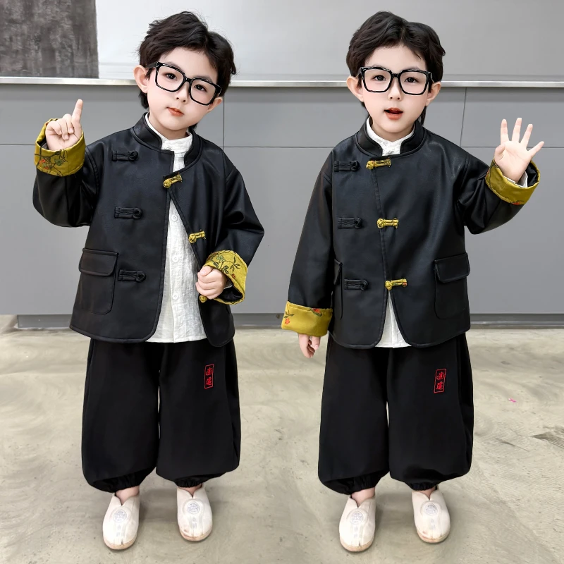 童装中式潮唐装男童秋季皮衣外套春秋儿童皮夹克宝宝痞帅洋气黑色