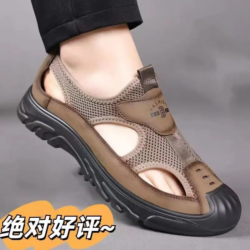 夏季外穿司机专用开车凉鞋男士户外厚底防滑网面鞋透气包头潮时尚