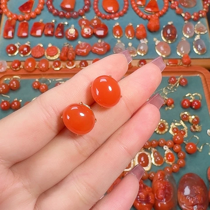 南红玛瑙银S925镶嵌耳饰