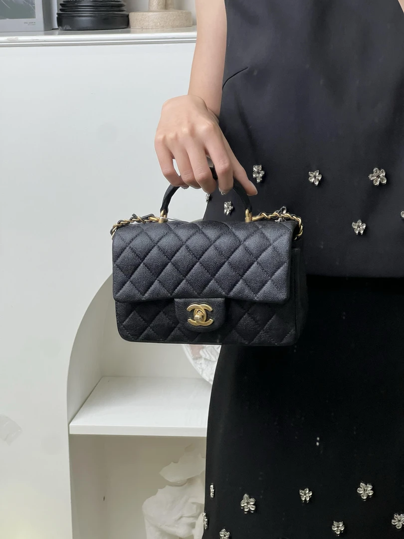99新 Chanel/香奈儿 香奈儿手柄大mini黑金荔枝纹/优品