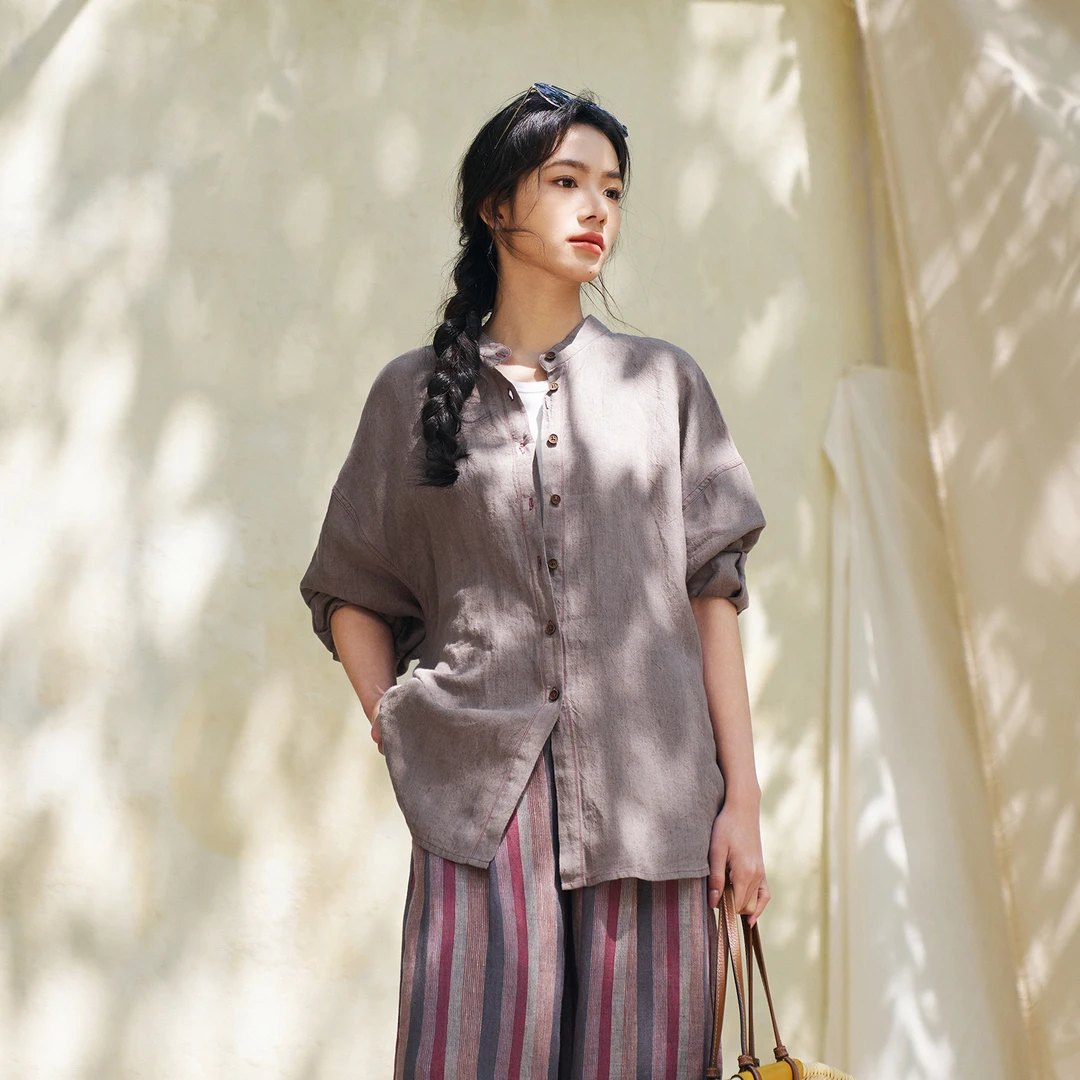梭家｜她的勇气｜文艺范色织亚麻立领长袖衬衫春夏女宽松上衣百搭