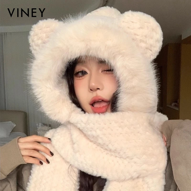 Viney帽子女冬季一体韩版手套三件套小熊帽生日元旦礼物送女生