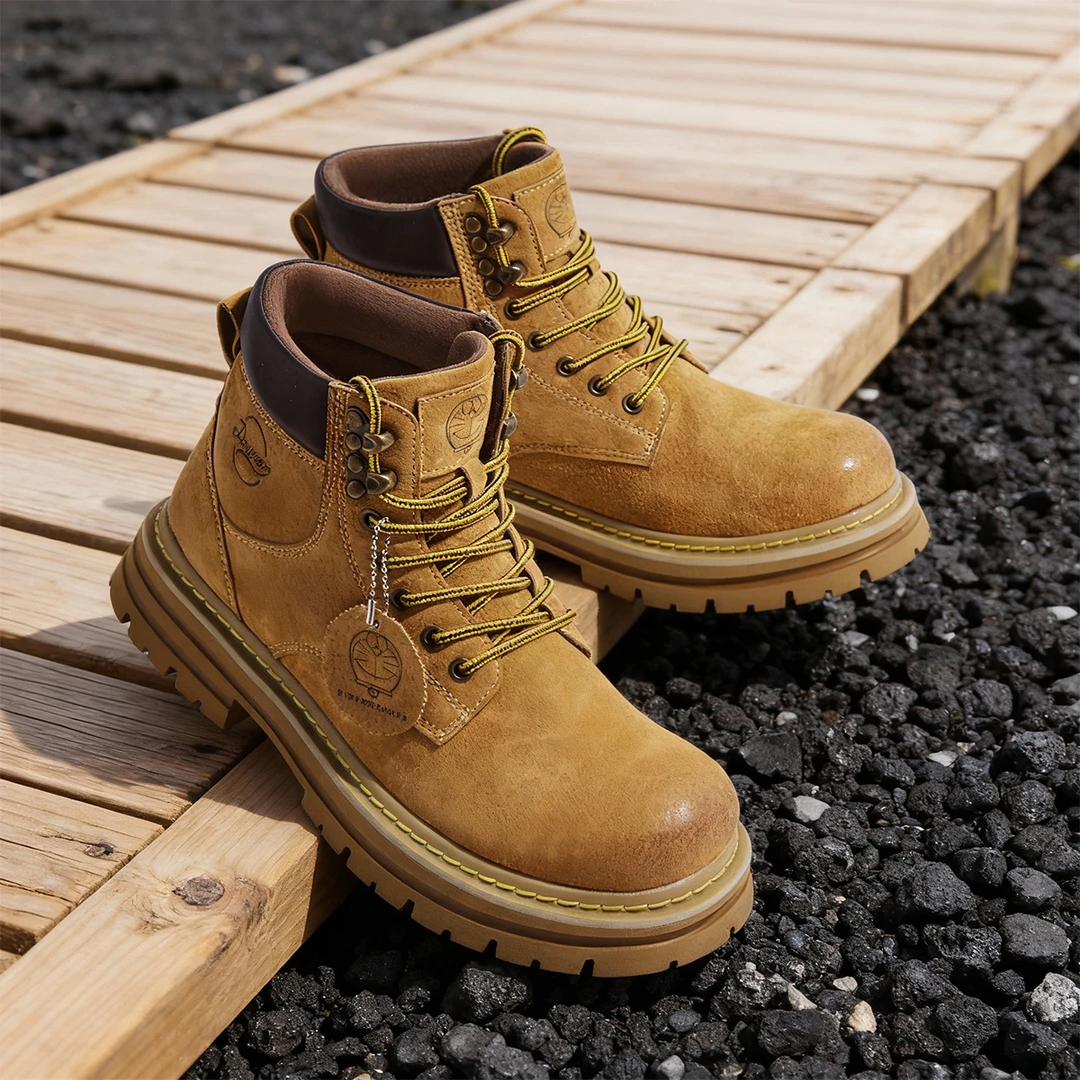FOXER/哆啦A梦情侣靴子猪皮厚底马丁靴工装冬保暖加绒大黄靴短靴N