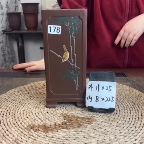 紫砂花盆紫玉金砂内奎竹林鸟趣手绘高签筒178