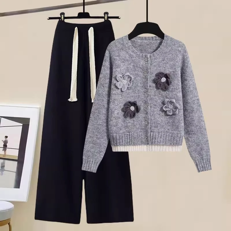 2025超火套装女时髦慵懒风撞色立体花朵针织开衫垂感抽绳阔腿长裤