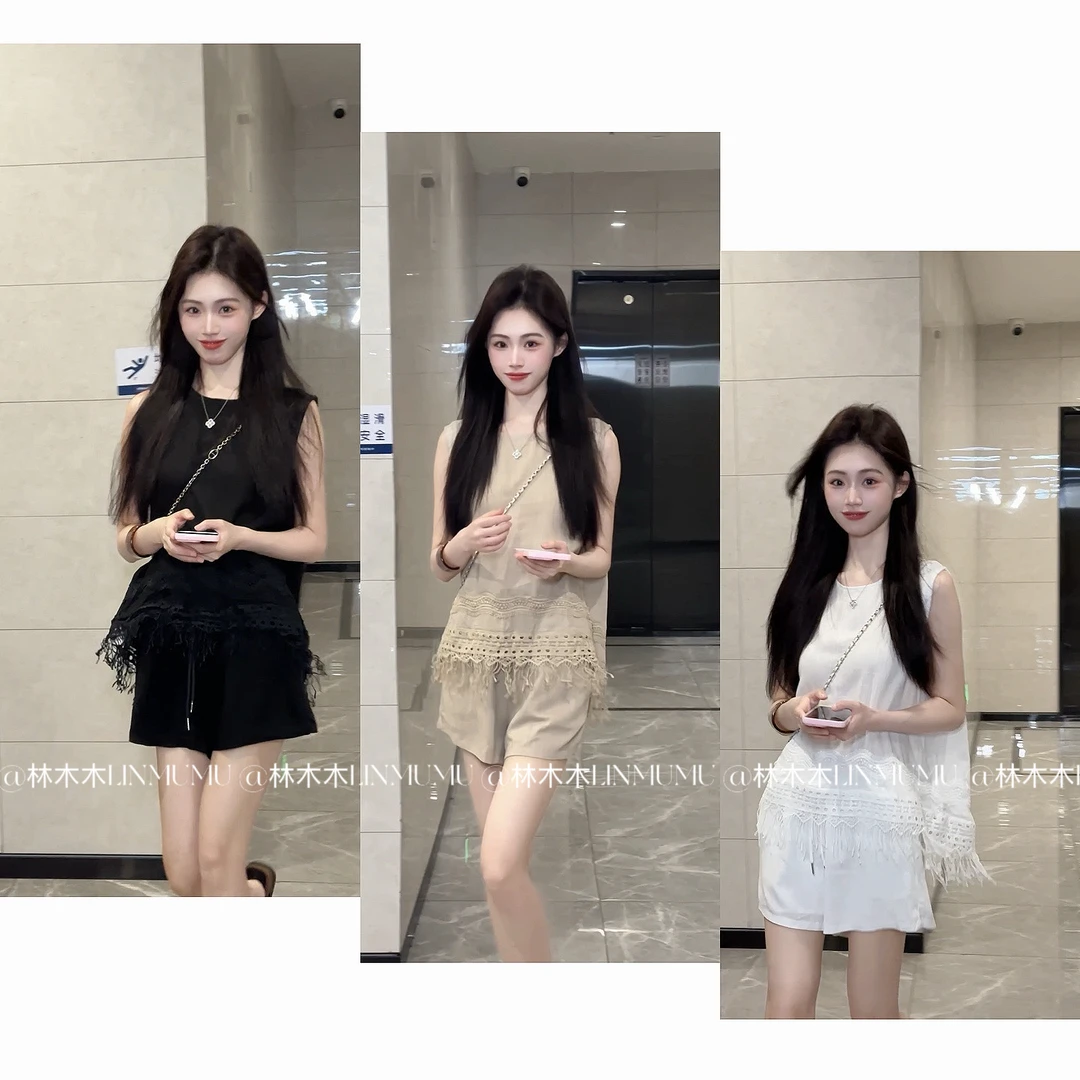 【木木专属】夏装新款流苏须须后开叉背心+高腰短裤亚麻套装女819