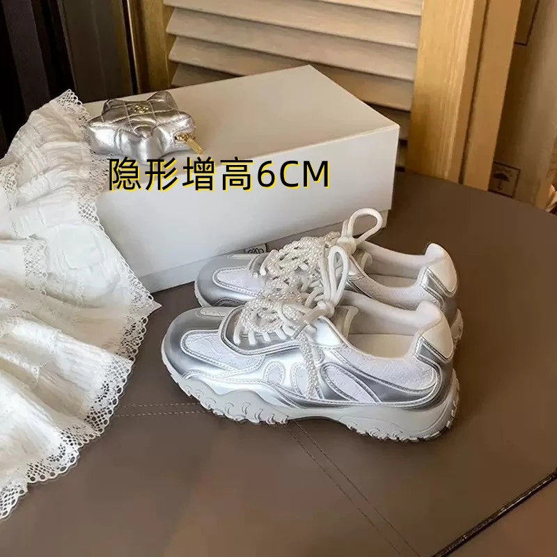 2025春季爆款月牙底内增高蕾丝珍珠银色休闲德训鞋厚底百搭阿甘鞋