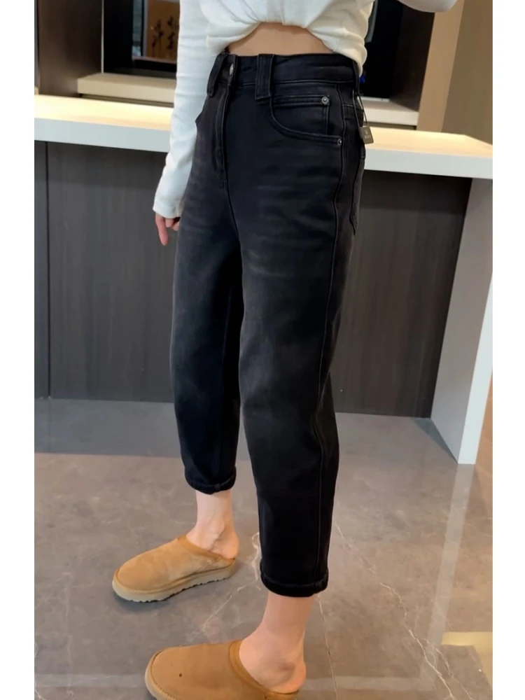黑灰高腰哈伦牛仔裤子女秋冬加绒大码显瘦老爹裤小个子九分萝卜裤
