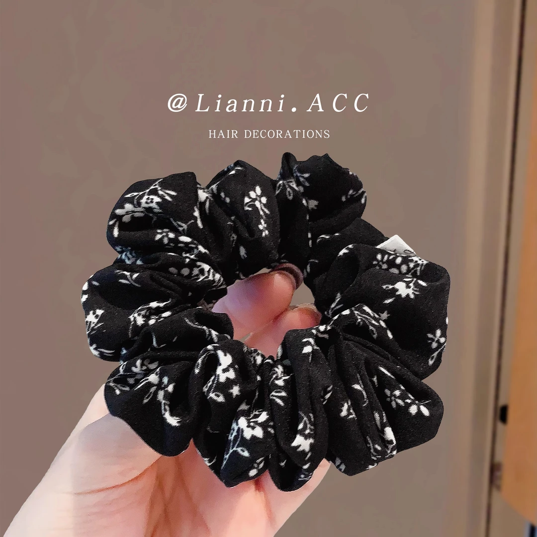 日韩复古印花黑色发绳甜美森系绸缎丸子头扎头绳扎马尾气质发圈女