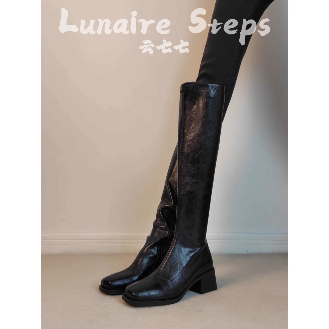 牛皮版~2025瘦腿长靴中跟软皮静音底包腿显瘦方头侧拉链弹力靴女