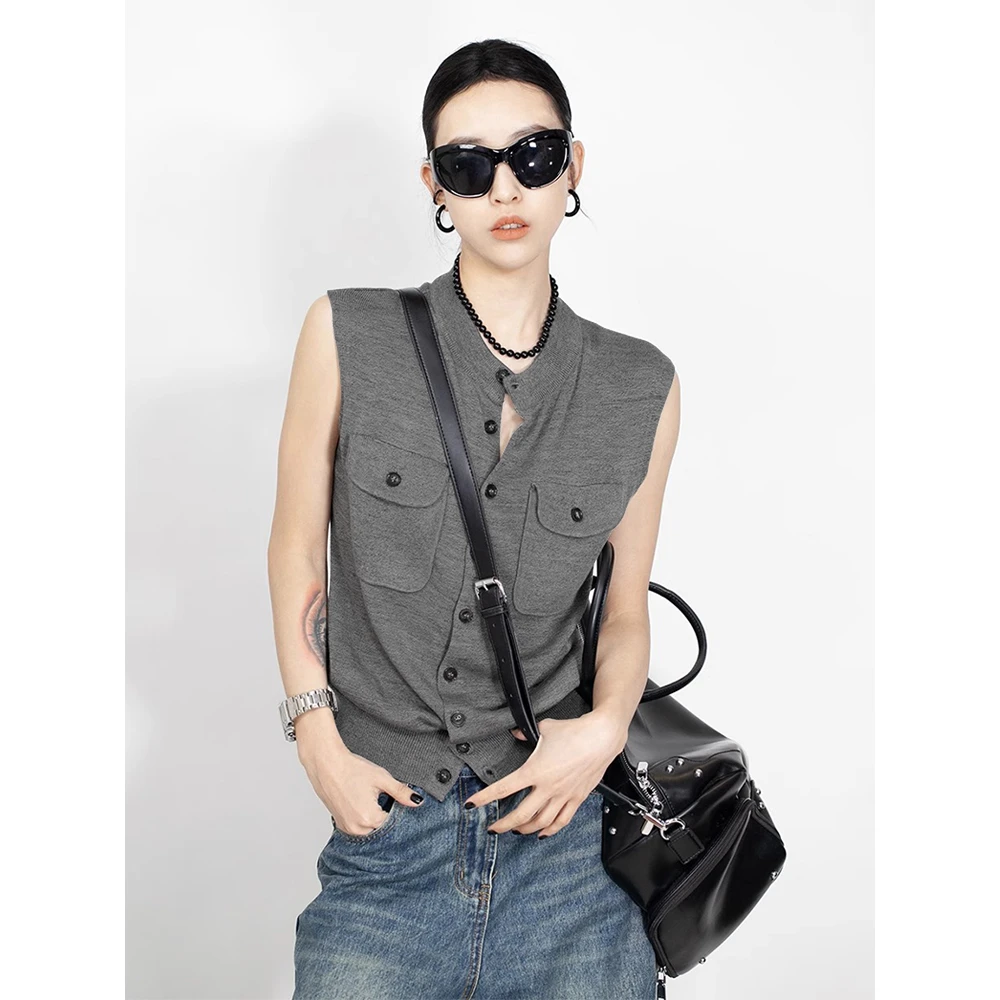 法式高级感通勤百搭女夏圆领简约灰色无袖坎肩针织马甲上衣40166