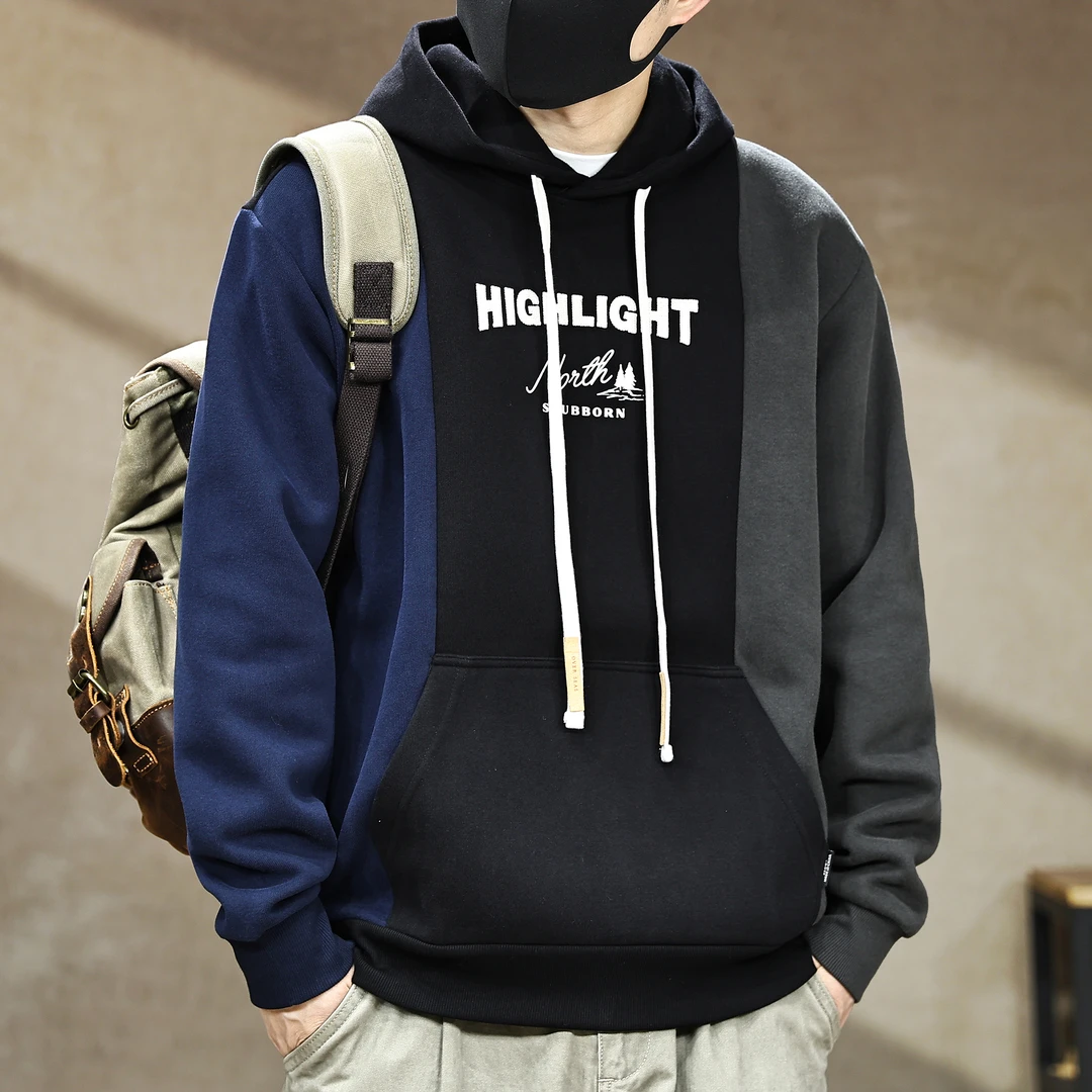 高端美式复古重磅390g连帽卫衣男秋冬新款设计感撞色拼接休闲外套