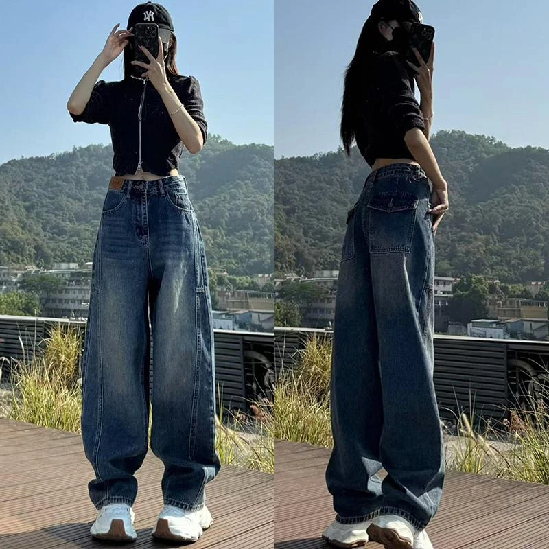 时尚弯刀牛仔裤女大码2025春季新款梨形身材高腰宽松显瘦阔腿裤子