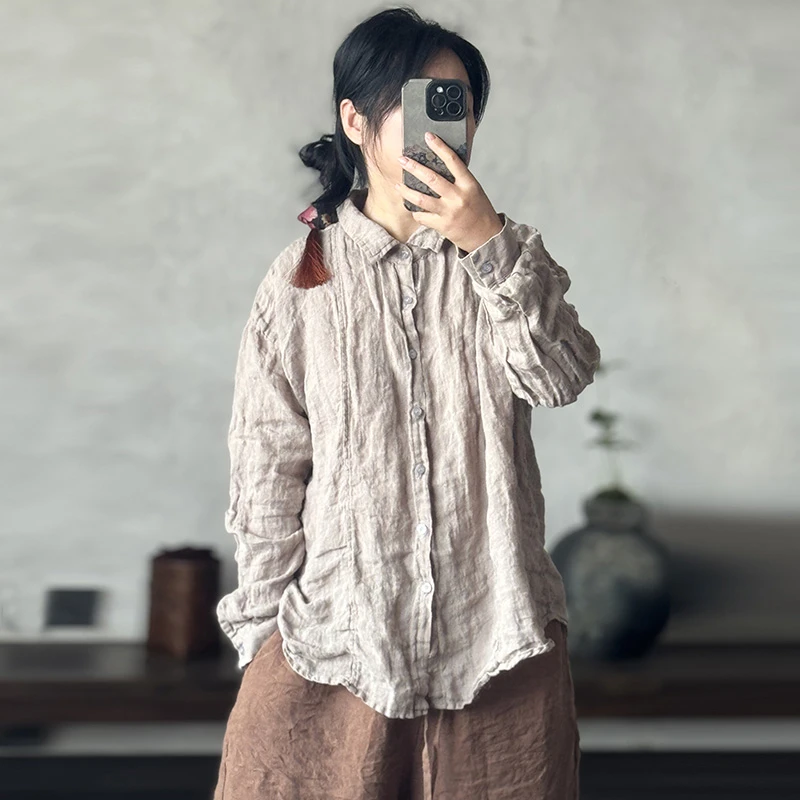 240 设计师款精致小翻领稀疏亚麻新款衬衫 休闲宽松内外可穿麻衫