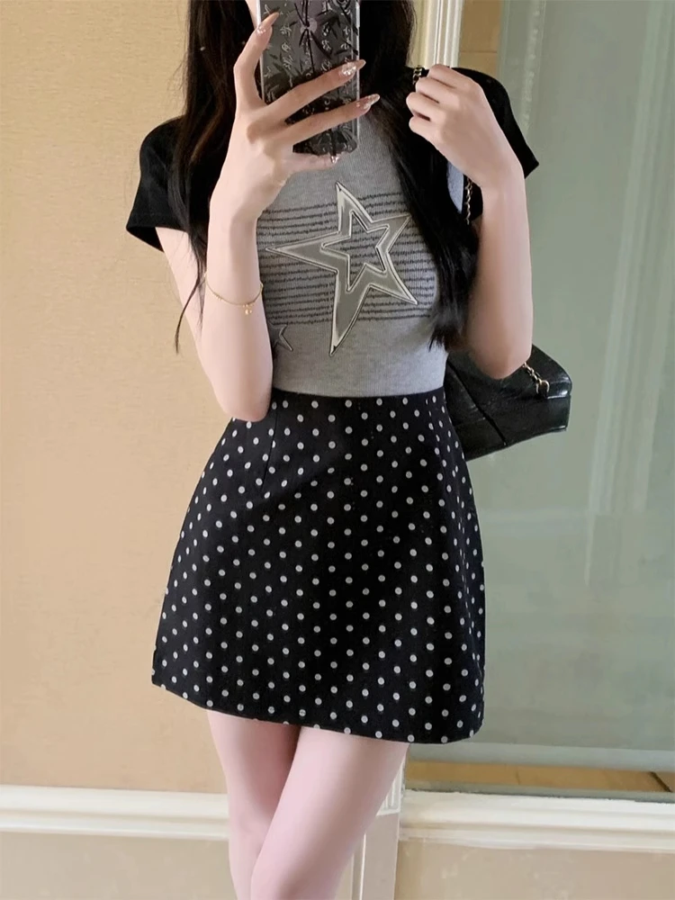 半身裙时尚拼接A型法式裙子波点短裙百搭高腰显瘦百搭2025夏