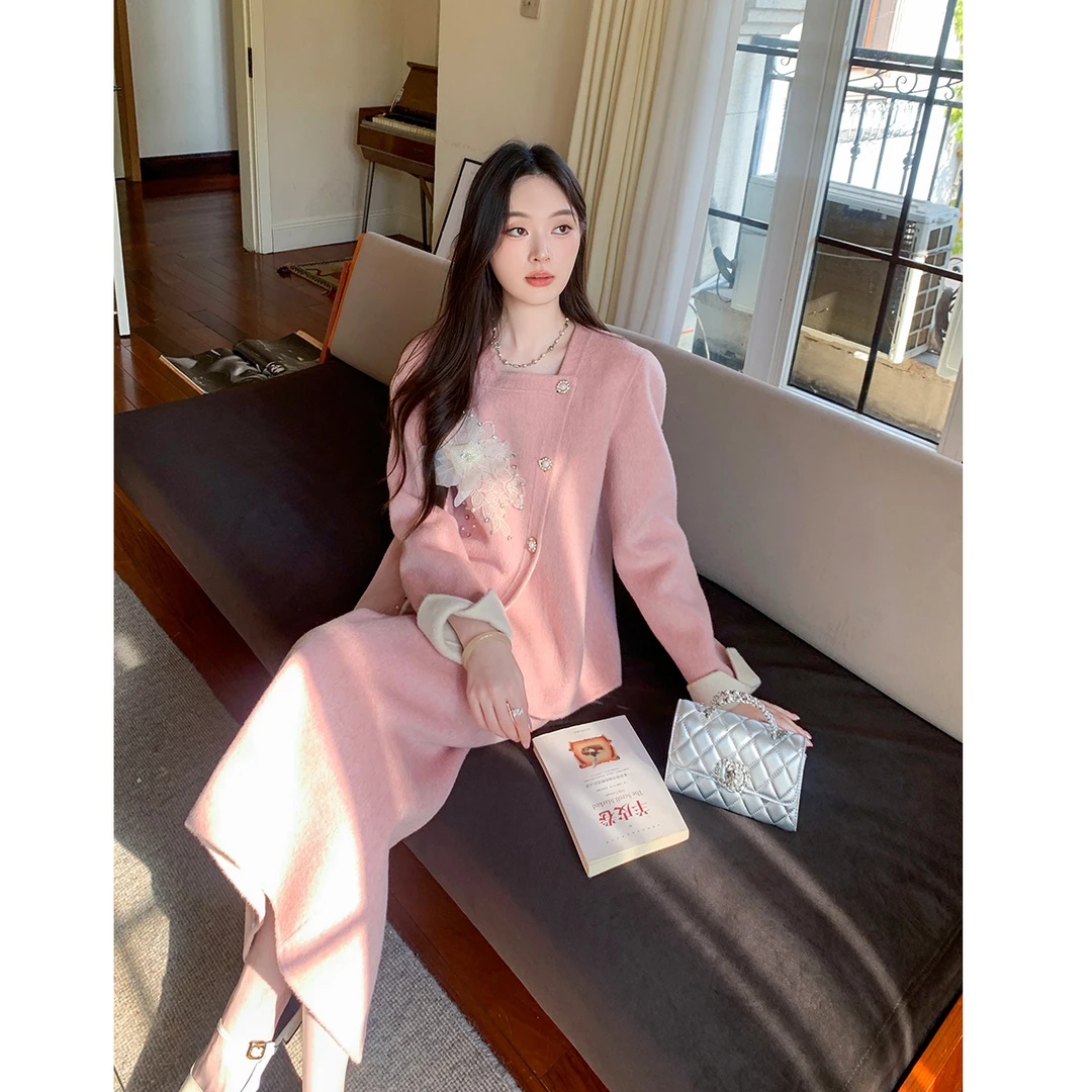 GERTCOREL2025新款冬季高级澳毛羊绒小香风套装女外套半裙两件套