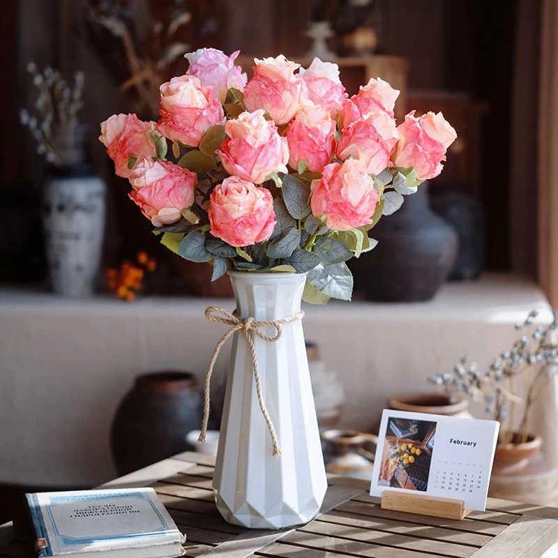 《玫瑰》烤边玫瑰新款高档真粉蝶花束客厅餐桌装饰摆设假花艺术摆件