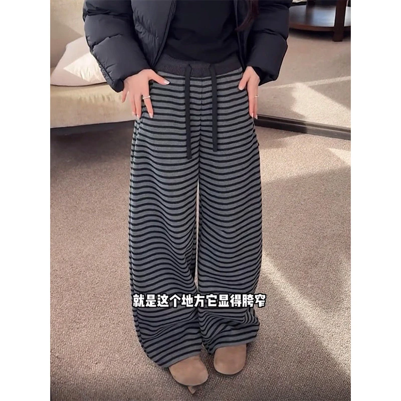 加绒加厚条纹阔腿裤女2026秋冬季新款抽绳松紧高腰休闲显瘦弯刀裤