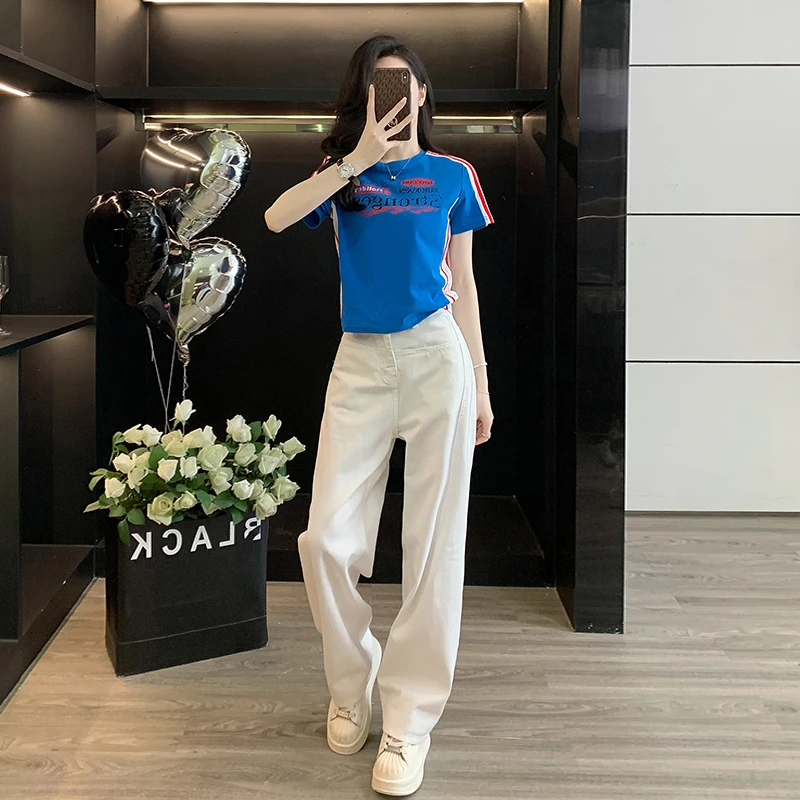 休闲套装女装2025新款爆款设计小众衣服运动上衣阔腿白色牛仔裤女