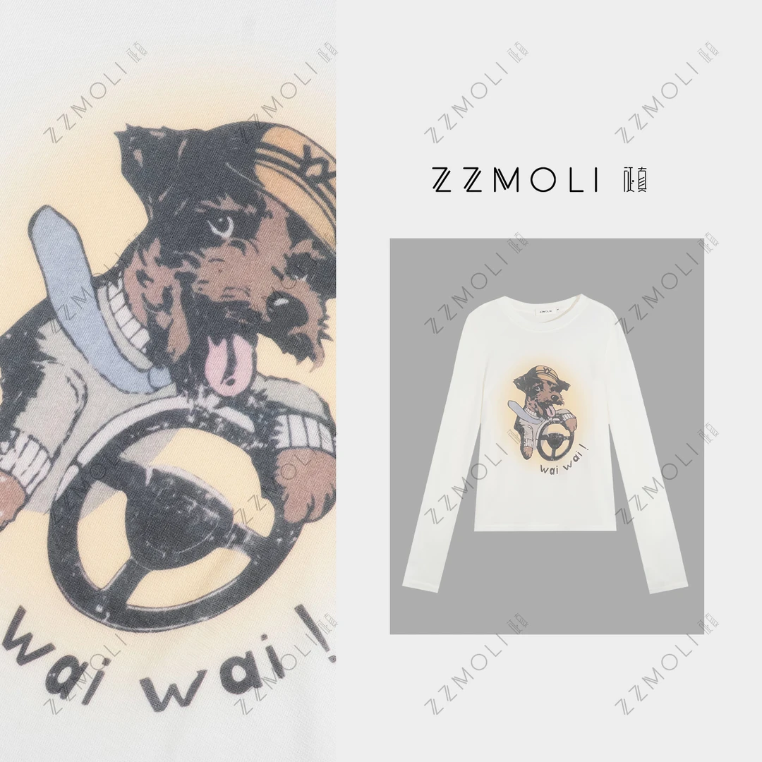 ZZMOLI天丝羊毛显瘦趣味狗印花圆领T恤女款潮牌轻盈衣服ZBY90360