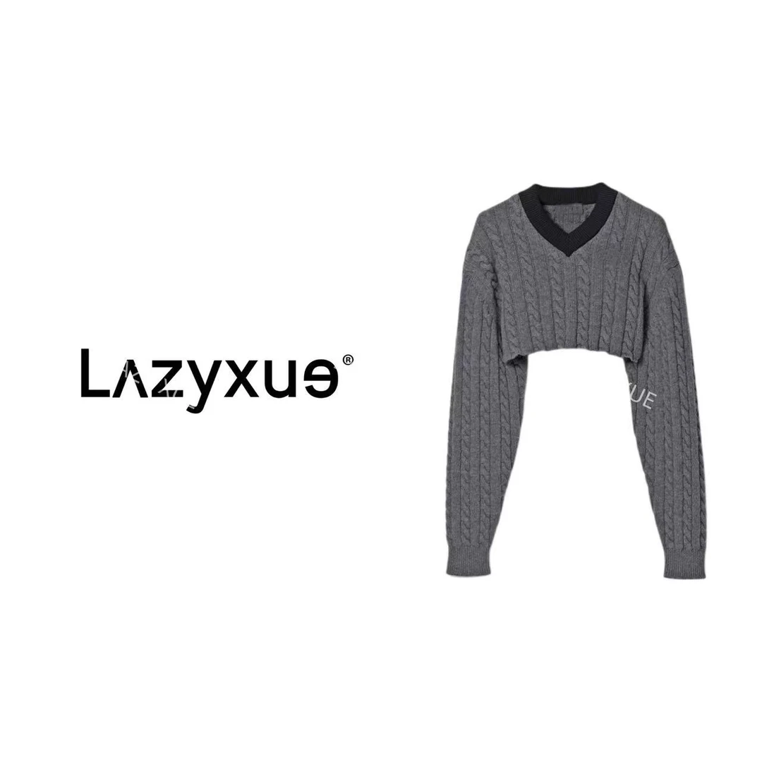 LAZYXUE薛懒懒/"m1u"撞色设计短款V领长袖针织上衣 25176