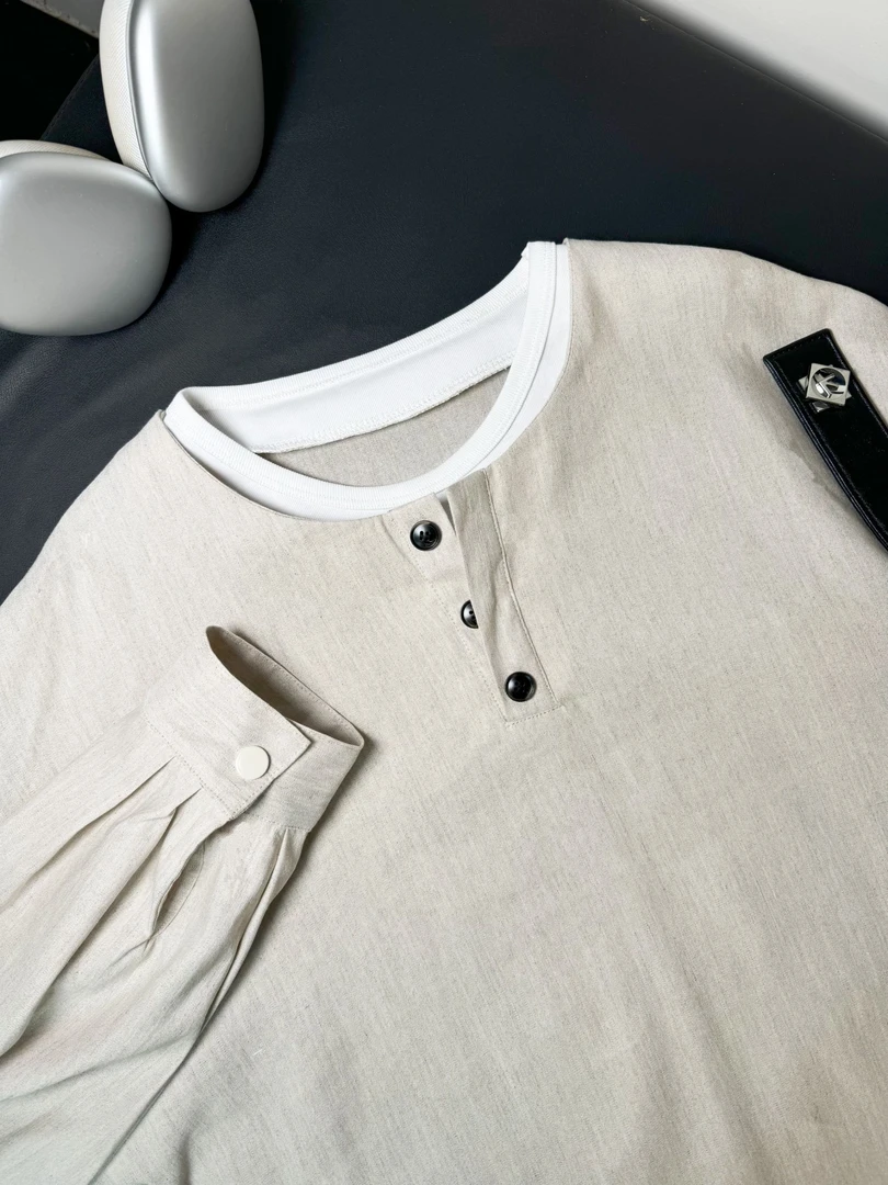 LL 25春季纯亚麻假两件长袖高级感男装卫衣