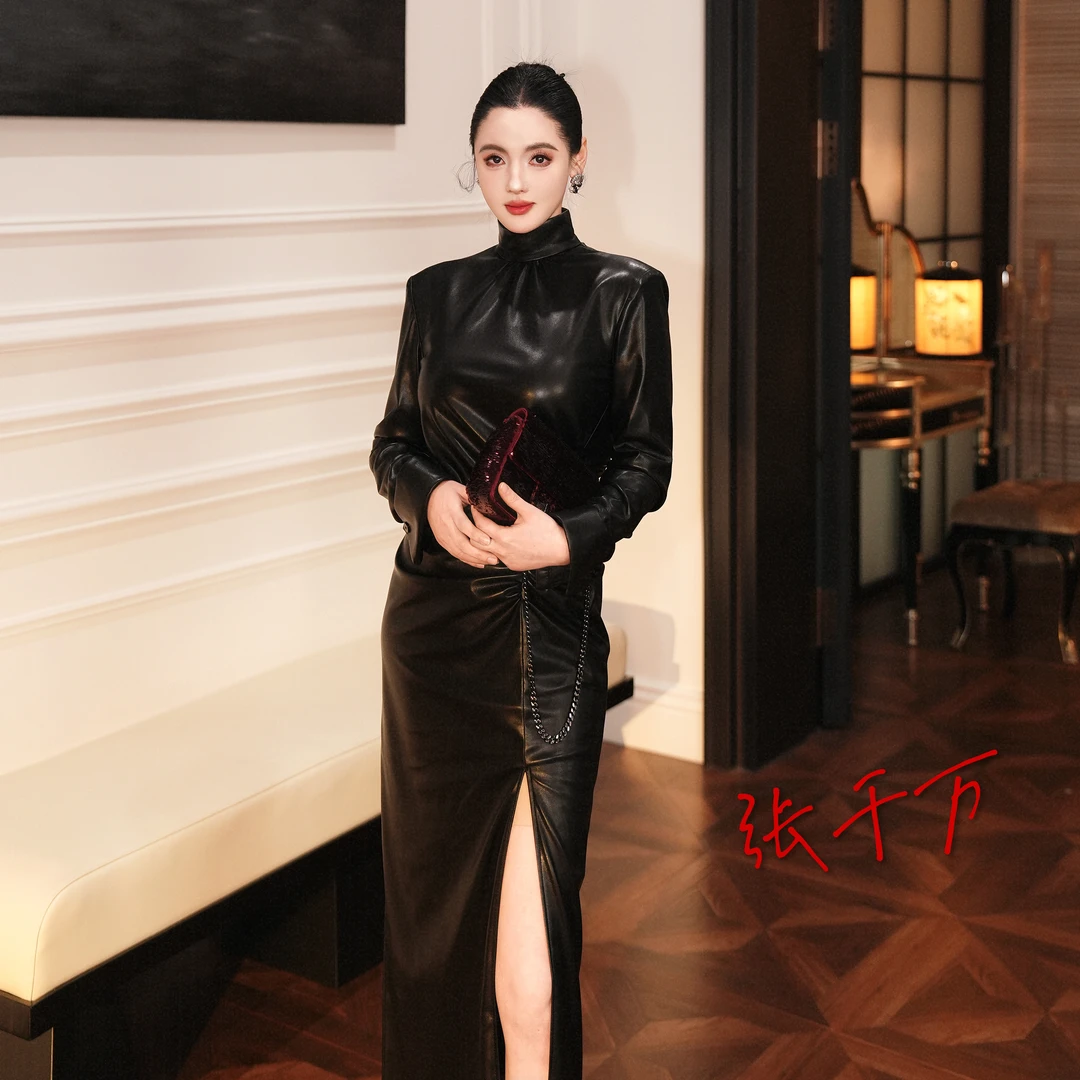 RELATIVO 蛋白皮抽褶细节连衣裙 气质显瘦 个性中长款