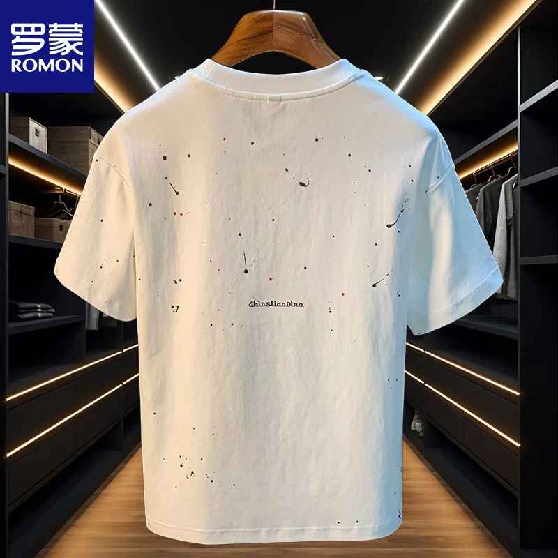 罗蒙潮流泼墨T恤短袖男春季圆领大码透气汗衫高支高密绣花棉质白t
