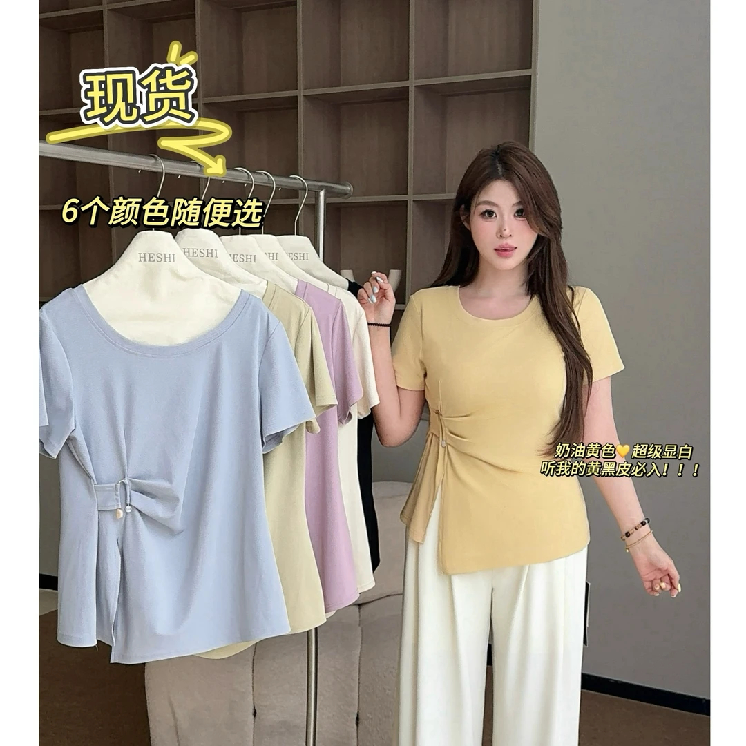现货【白77】胖MM新款短袖t恤2025夏季大码遮肉显瘦上衣04084D