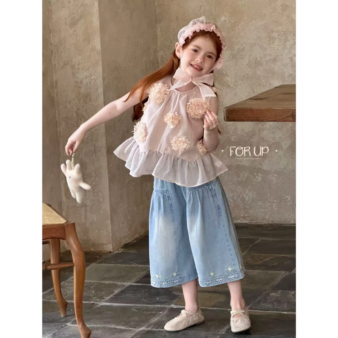 252-FU-85135牛仔蓝法式琳伊花朵刺绣九分牛仔裤