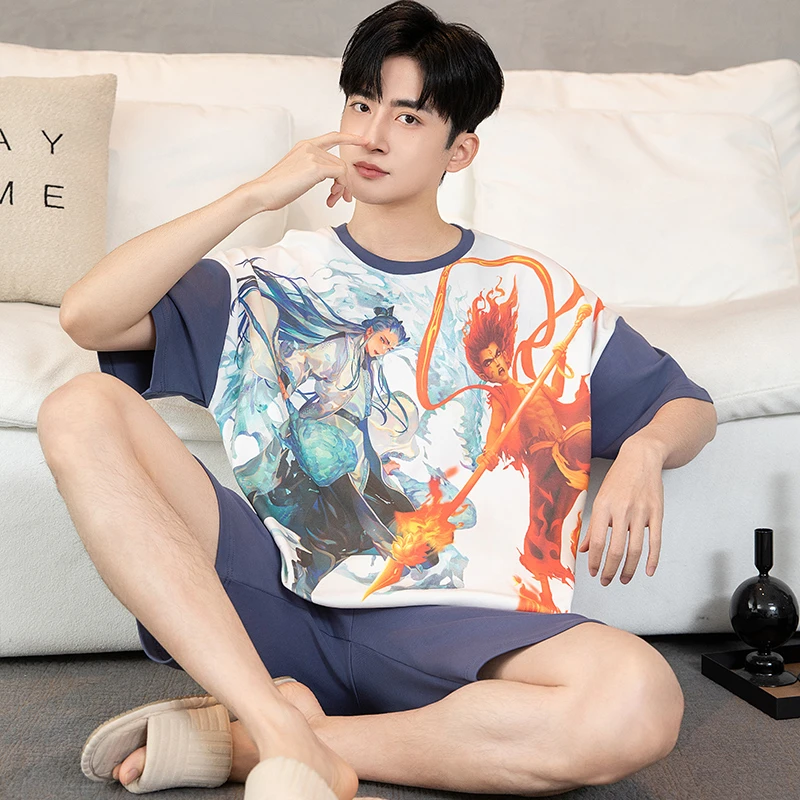 bejirog/北极绒卡通可外穿男士夏季短袖短裤纯棉睡衣青少年家居服