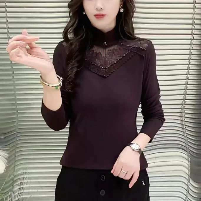 882款 秋冬款韩版蕾丝花边半高领百搭显瘦女士长袖上衣