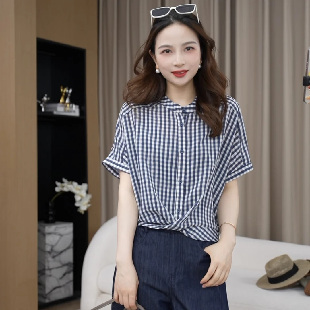 【蓝格衬衫】下摆松紧捏褶独特漂亮蓝色格子上衣