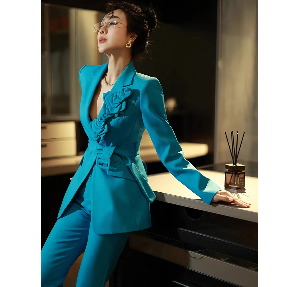 2025春秋立体花朵时尚修身西服套装裤气质女神款减龄女装两件套