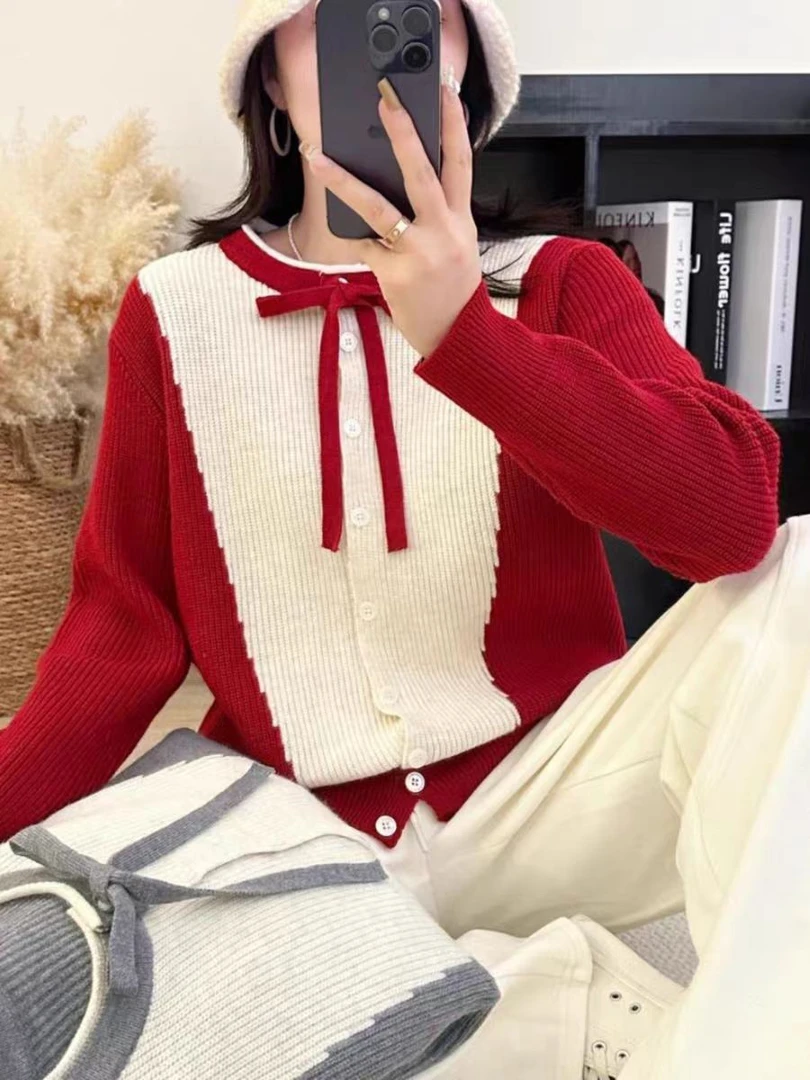 0025领口系带时尚毛衣