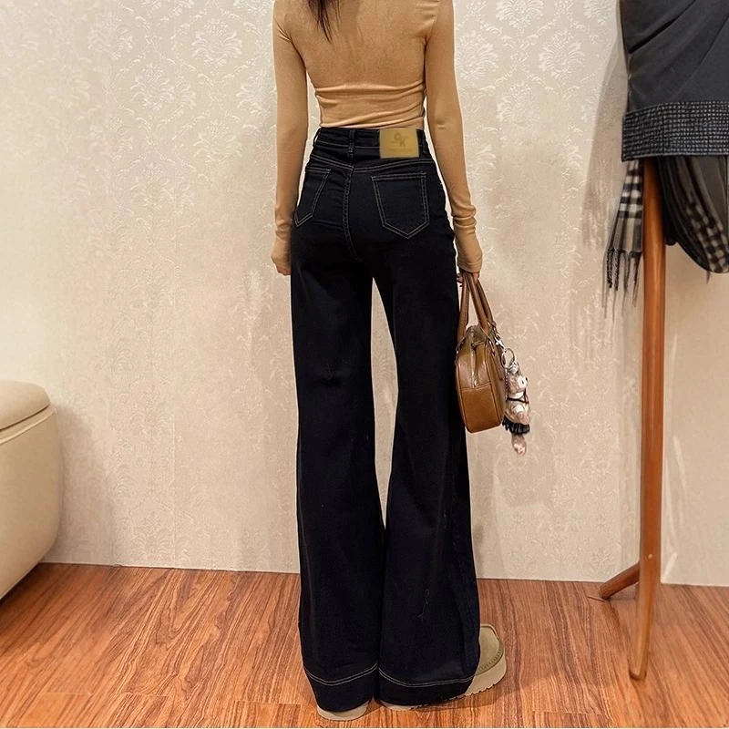 微胖mm黑色不贴腿复古水洗微喇牛仔裤女高级感遮肉显瘦休闲直筒裤