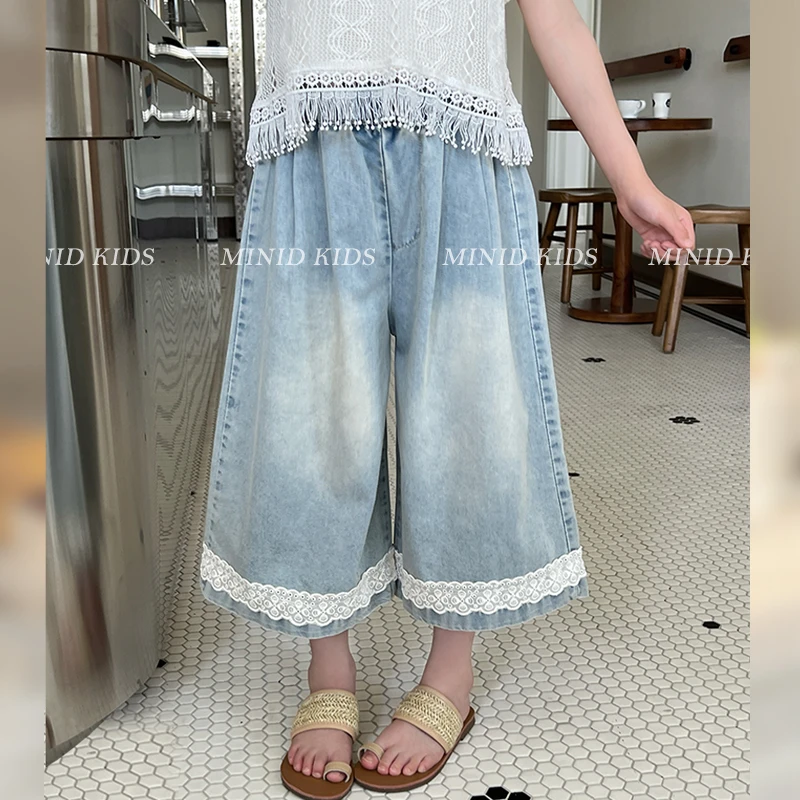 mini旦童装女童蕾丝花边复古牛仔裤夏季新款儿童洋气九分阔腿裤潮