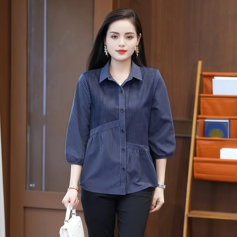 2025早秋新款女士拼接宽松显瘦女士八分袖衬衫百搭设计感气质爆款