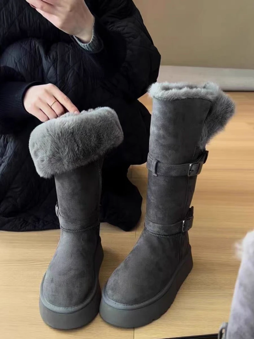 厚底灰色雪地靴女2025冬季新款长款加绒加厚保暖棉靴1377