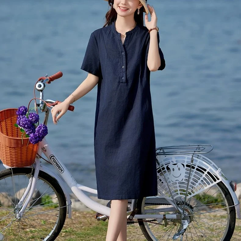 夏季亚麻连衣裙2025新款今年流行爆款休闲棉麻裙女简单大方的裙子