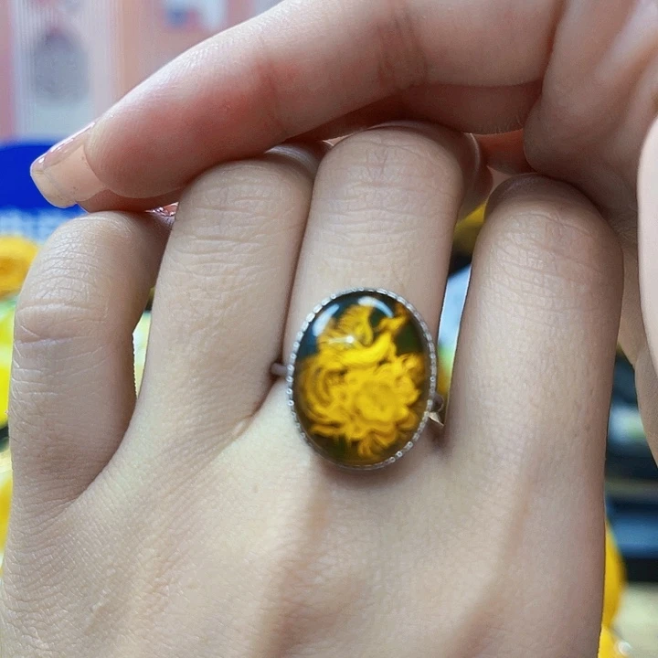 蜜蜡银S925镶嵌裸石戒指