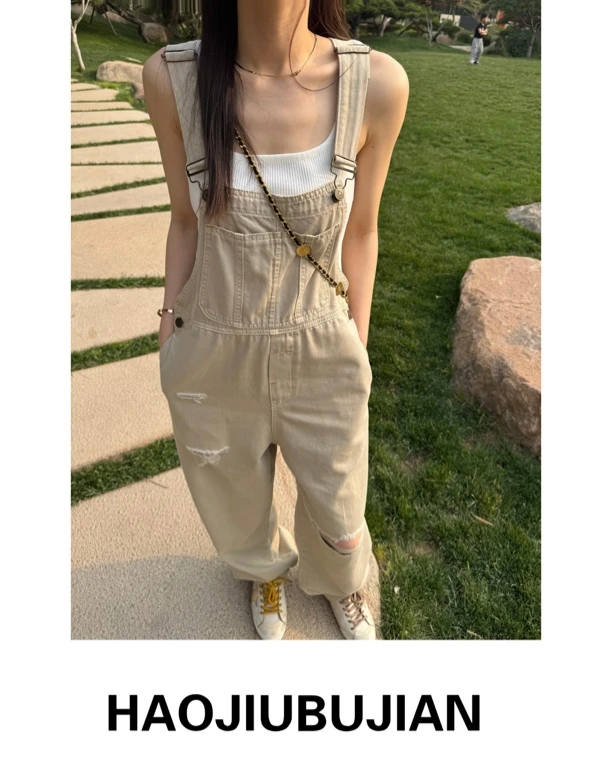 好久不见卡其色破洞背带裤