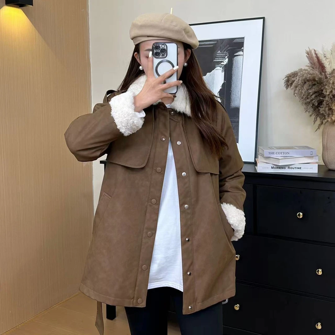 【现货】冬季新款加绒加厚中长款设计感pu百搭外套-32212