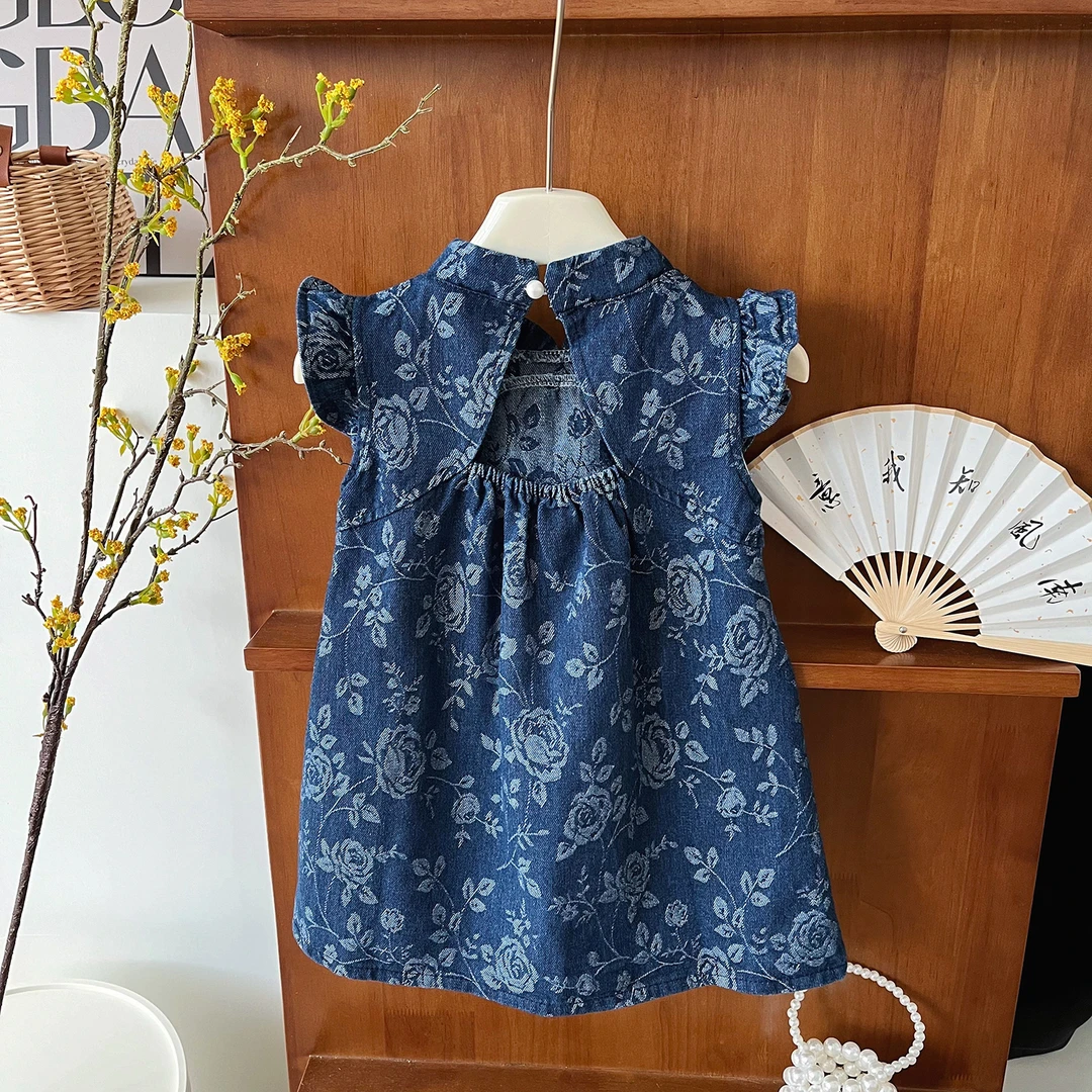 2025女童国风盘扣旗袍裙夏季新款复古飞袖牛仔连衣裙时髦S24130