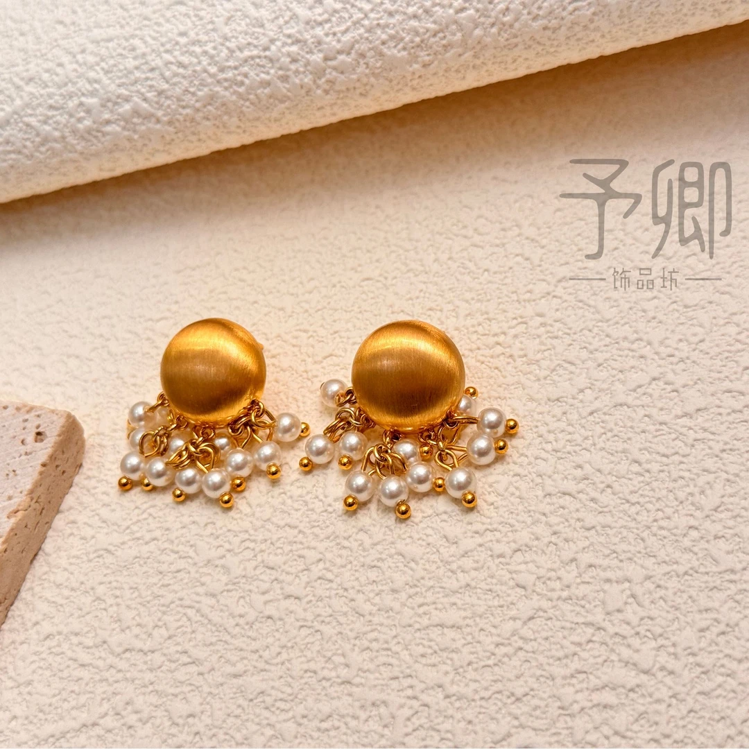 铜合金仿珍珠耳饰 金色流苏耳环法式复古气质优雅轻奢时尚精致女