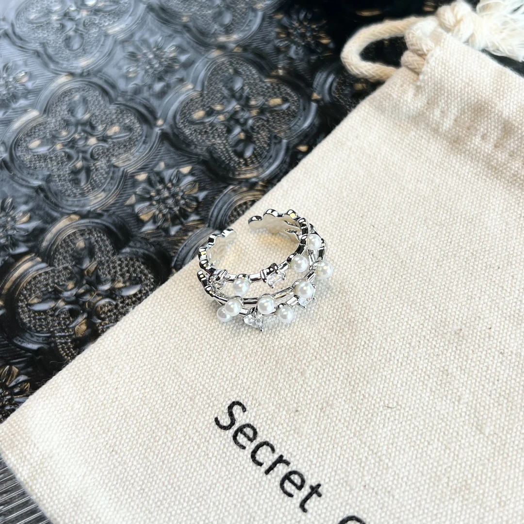 铜合金戒指 小众设计三层白珠锆石戒指开口戒C133